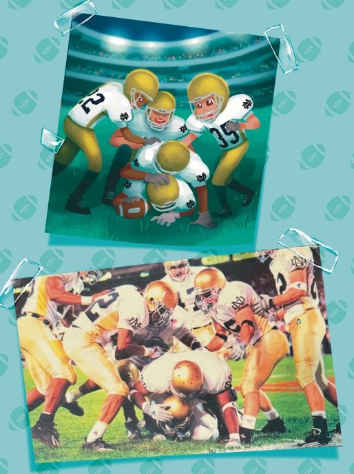 Illustrated spread from Tiny Tim's Notre Dame Football Dream — punt return scene