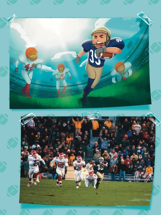 Illustrated spread from Tiny Tim's Notre Dame Football Dream — running play scene